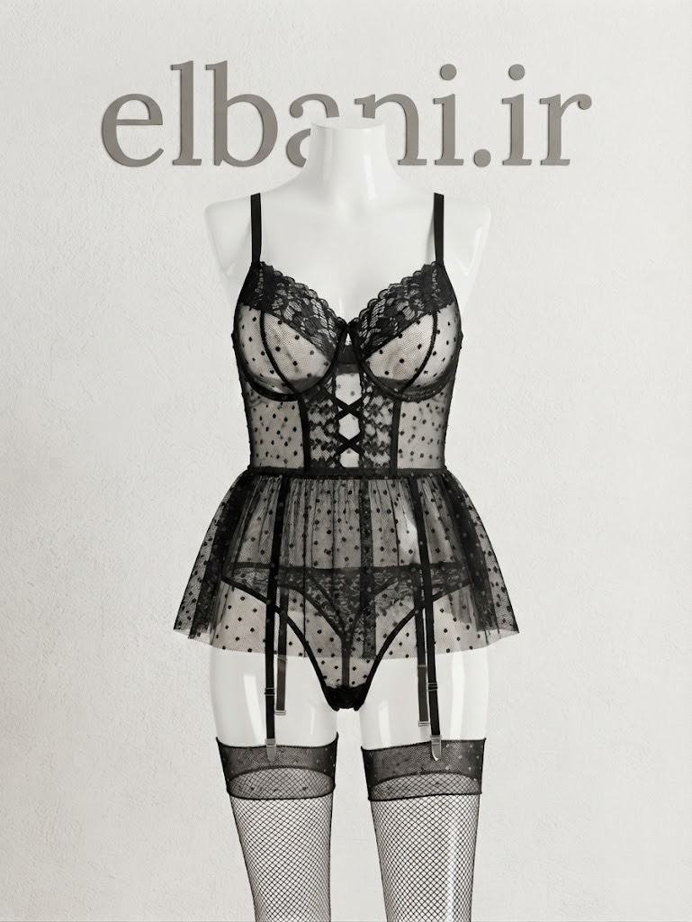 Sleepwear لباس خواب زنانه مشکی خالدار مشکی | پیراهن خواب توری و فانتزی 4032
